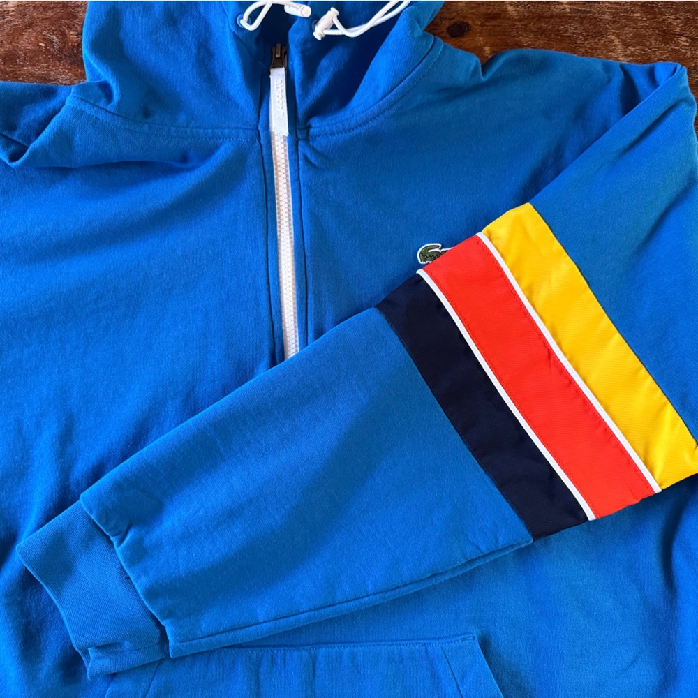 Lacoste Vintage Style Blue Hoodie with Yellow/Orange Accent
